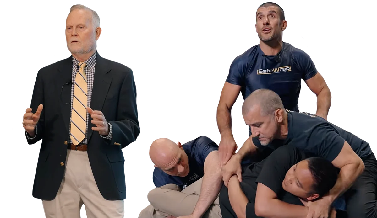 On the left, a speaker during the presentation; on the right, four people demonstrating SafeWrap.